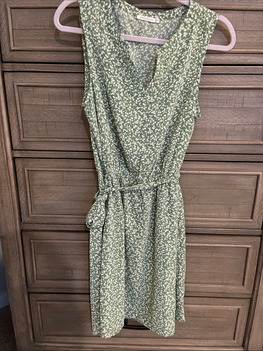 Staccato Green and White Floral Tie-Waist Sleeveless Dress